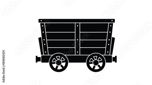 Simple black and white illustration of a vintage railway cart or wagon