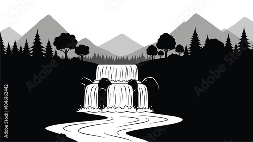 A grayscale landscape featuring a cascading waterfall and towering mountains