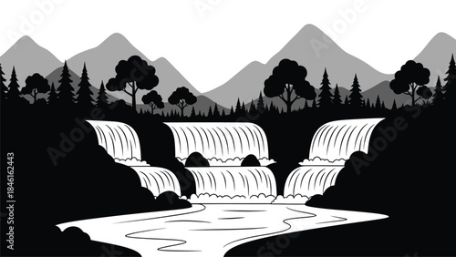 A serene landscape featuring cascading waterfalls amidst a mountainous forest backdrop