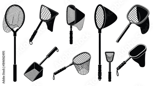 Variety of fishing nets and scoops in a monochrome illustrative style