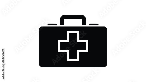 A simple black and white illustration of a first aid kit with a cross symbol