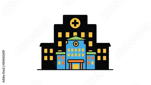 Simple illustration of a black and colorful hospital building with medical crosses