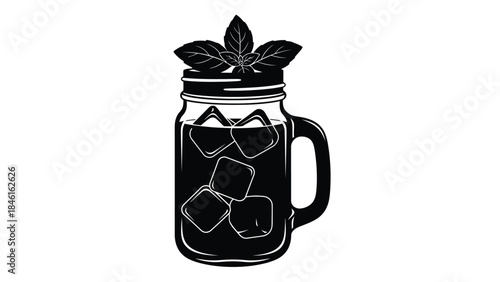 A black and white illustration of a mason jar with mint and ice