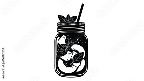 A black and white illustration of a drink in a mason jar