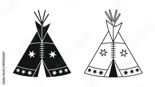 Two black and white illustrations of native american teepees with star decorations