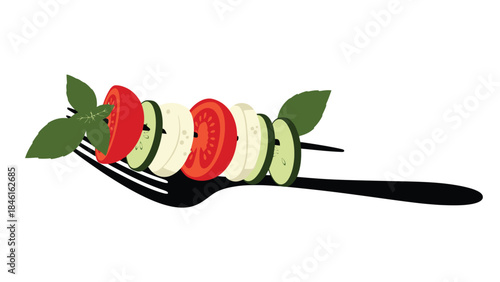 Caprese skewer with tomato mozzarella and basil on a fork