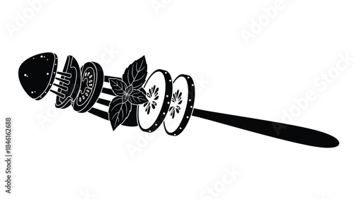 A black and white illustration of a skewer with various food items
