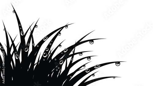 Black and white illustration of blades of grass with water droplets