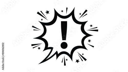 Black and white comic book explosion with an exclamation mark inside