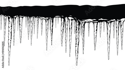 Abstract black dripping paint or ink resembling icicles on white background