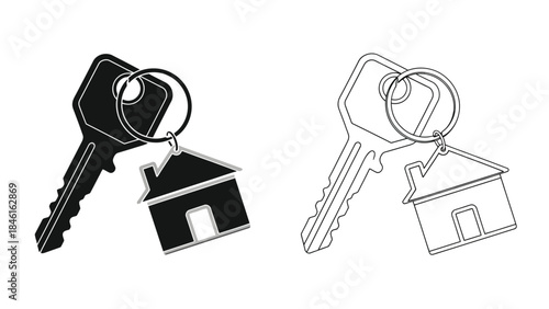 Black and white illustration of house shaped keychains with keys