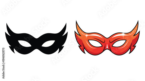 Two stylized masks one black and one red with pointed features displayed