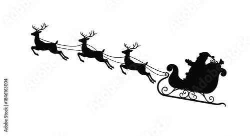 Silhouette vector of Santa Claus riding sleigh with three flying reindeer, festive Christmas holiday scene, winter seasonal illustration for decoration, print and design