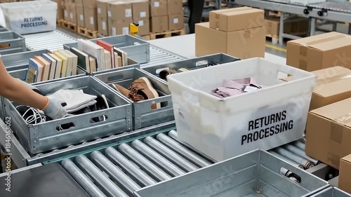 Close Up Of Hands Wearing Gray Gloves Sorting Through Clothing Items In A White 'RETURNS PROCESSING' Bin On A Conveyor Belt In A Warehouse With Boxes And Pallets In The Background