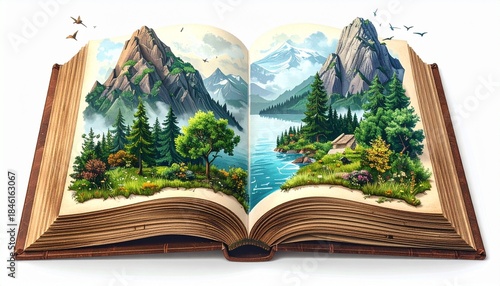 An open book unfolds a vibrant landscape of majestic mountains, lush forests, and a serene lake, inviting imagination to explore