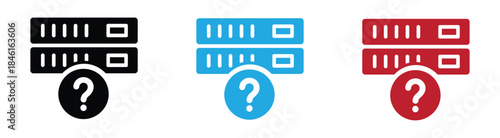 server help vector glyphs icon. Server Icon with Question Mark Data Center Uncertainty. Server icons with question marks in black, blue, red. Vector Design Illustration. 