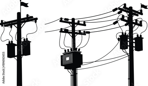 Silhouette vector of utility poles, electrical transformers, power lines, insulators, energy infrastructure, urban grid, electricity distribution system, black and white art
