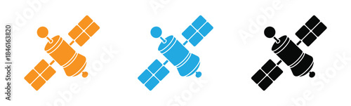 satellite icon. Satellite icons in orange, blue, and black colors. Satellite icon design. Artificial satellite icon in trendy flat style design. 