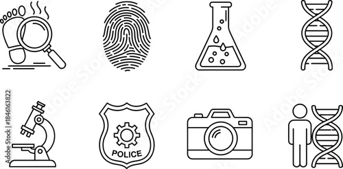 Forensic Science Icons Line Art Set – Investigation, Biology, Police Evidence Symbols Isolated on Transparent Background Vector