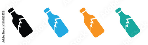 Broken glass bottle icon. Colorful broken bottles with cracks in four colors. Broken symbol isolated on white background. 