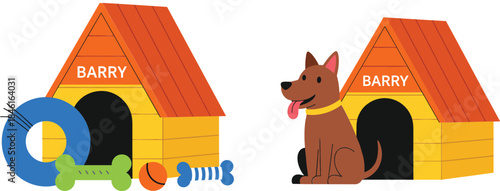Cute Dog House Illustration with Pet Toys and Sitting Puppy Character in Flat Cartoon Vector Design