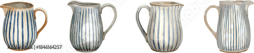 Rustic ceramic pitcher set with vertical blue lines and curved handle. Hand-drawn vector illustration in a charming watercolor style, isolated for farmhouse decor, breakfast service, and kitchen .
