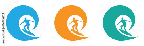 Surf surfer icon. surfing sea wave water with surfboard logo. Vibrant surfing logos in blue, orange, and green colors. Surfing symbol. Surfer and wave emblem vector illustration.