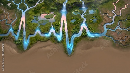 Surreal concept showing river system forming ECG heartbeat pattern across landscape, representing watershed health, planetary vital signs, water circulation, and ecosystem pulse monitoring