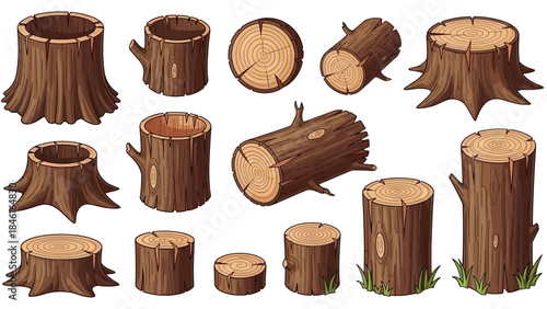 Cartoon Tree Stump and Wooden Log Vector Illustration Set