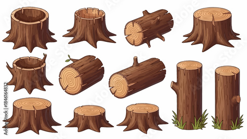 Cartoon Tree Stump and Wooden Log Vector Illustration Set