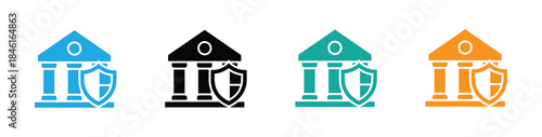 Bank security icon with a building and shield for financial protection. A vector symbol for a safe banking institution insurance and guaranteed transactions.