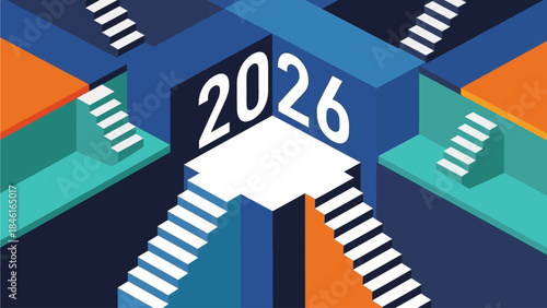 Isometric Flat Perspective New Year 2026 Banner