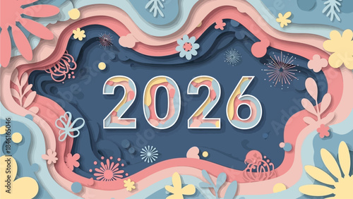 Paper Cut Style New Year 2026 Flat Banner