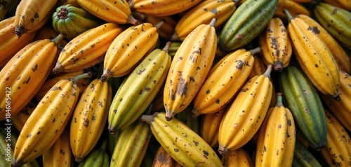 Pile of fresh ripe yellow and green cacao pods ready for harvest. Cocoa fruit is the main ingredient for chocolate making. Natural raw produce on farm.