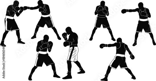Silhouette vector set of male boxers in different fighting poses, training, sparring, punching, martial arts sports illustration for fitness, gym and competition design