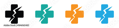 Broken cross symbols in four colors on white background. Cracked   shield with a white medical cross. Flat vector icon symbolizing health system failure, weak immunity, or medical vulnerability.  