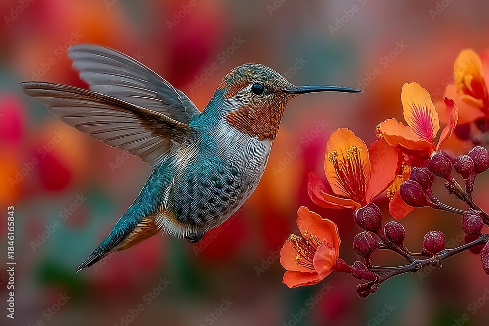 Fototapeta premium Beautiful bird flying next to blossoms high resolution photo