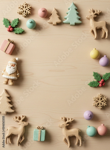 Minimal Christmas flat lay with wooden decorations and pastel ornaments on light wood background