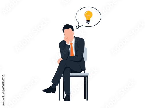 Pensive Businessman Seated with Lightbulb Idea Bubble