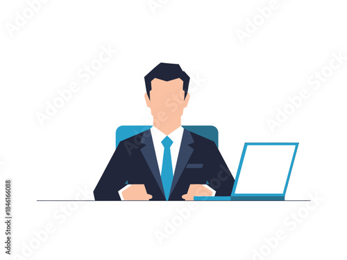 Professional Businessman in Suit at Desk with Laptop Illustration