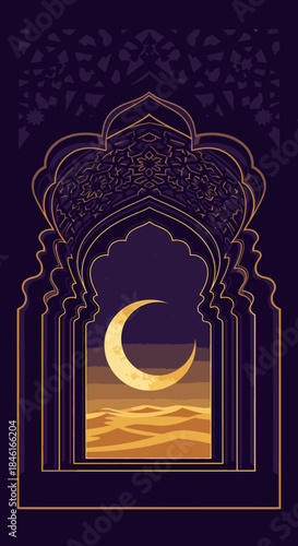 Golden crescent moon shines over desert dunes through an ornate Islamic archway under a starry night sky.