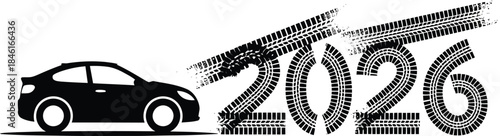 A black silhouette of a car speeding into the future with a 2026 tire track design