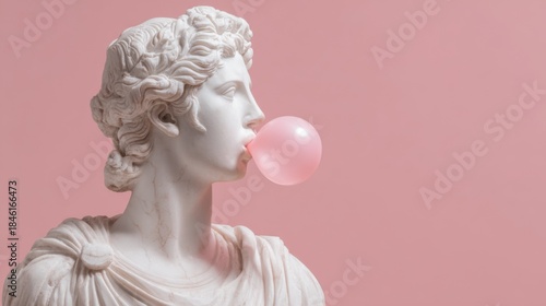 A classic sculpture of a male figure is depicted blowing a vibrant pink bubble gum, contrasting with a soft pink background. The piece highlights a blend of tradition and contemporary humor.