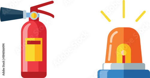 Fire Extinguisher and Emergency Warning Siren Icons Representing Safety Alert and Hazard Prevention Flat Vector Illustration