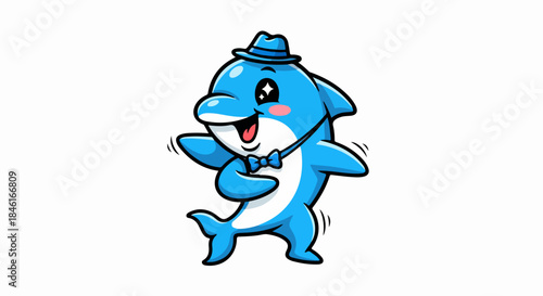 Happy Cartoon Dolphin Character Wearing a Hat and Smiling Joyfully While Swimming in the Ocean