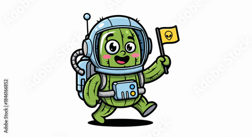 Cute Green Alien Character in Space Suit Holding Flag and Smiling During Cosmic Adventure
