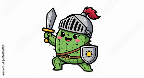 Cute Cartoon Cactus Knight Character in Armor Holding Sword and Shield with Cheerful Expression