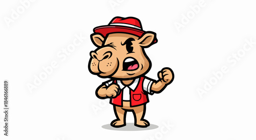 Expressive Cartoon Camel Character Yelling While Wearing Red Hat and Vest in Fun Pose