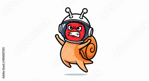 Angry Cartoon Snail Character Wearing Space Helmet and Jumping in a Whimsical Illustration