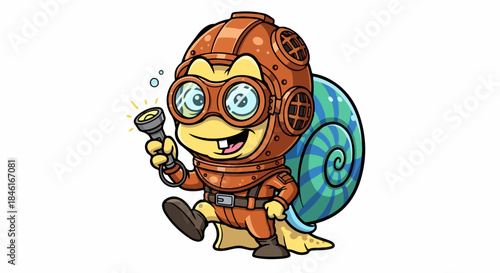 Playful Cartoon Snail Character in Diving Gear Holding a Flashlight Ready for Underwater Adventure